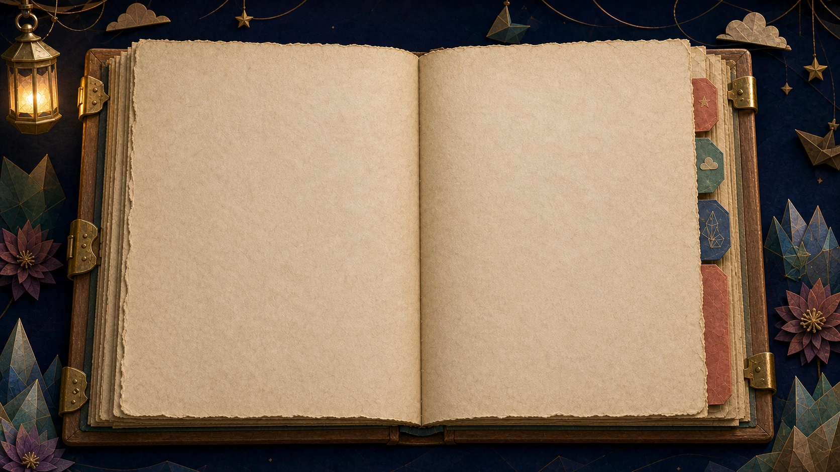An open handmade sketchbook on a midnight-blue paper theatre desk