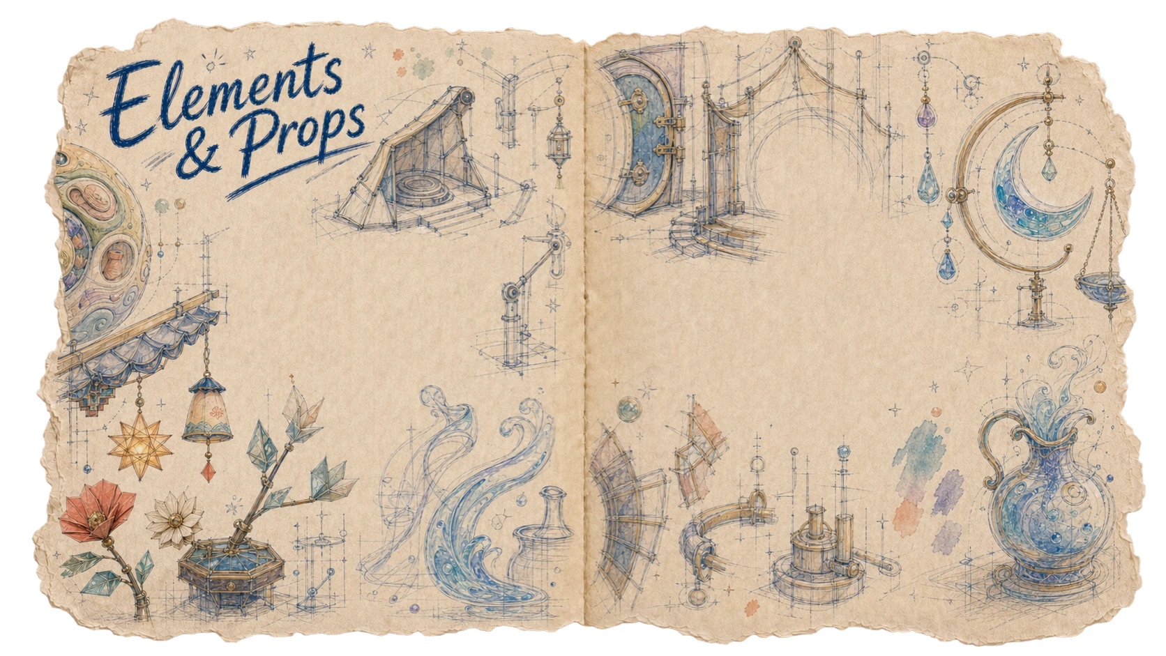 Elements and Props sketchbook opening spread