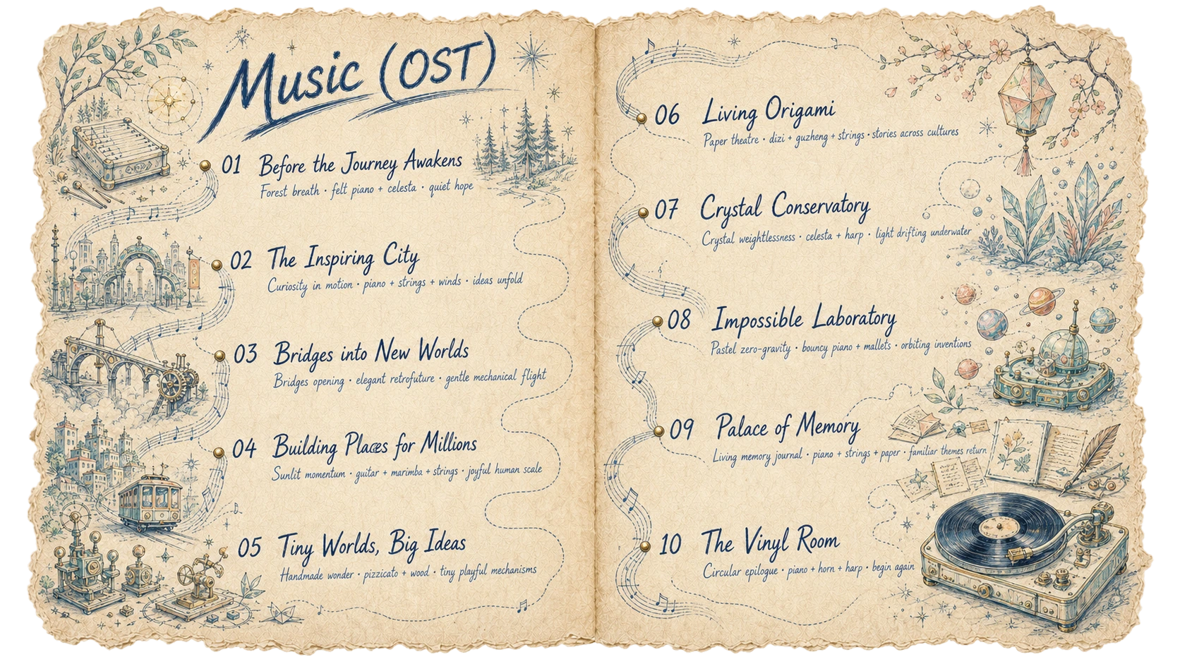 Music original soundtrack sketchbook spread listing ten tracks and their musical design motifs