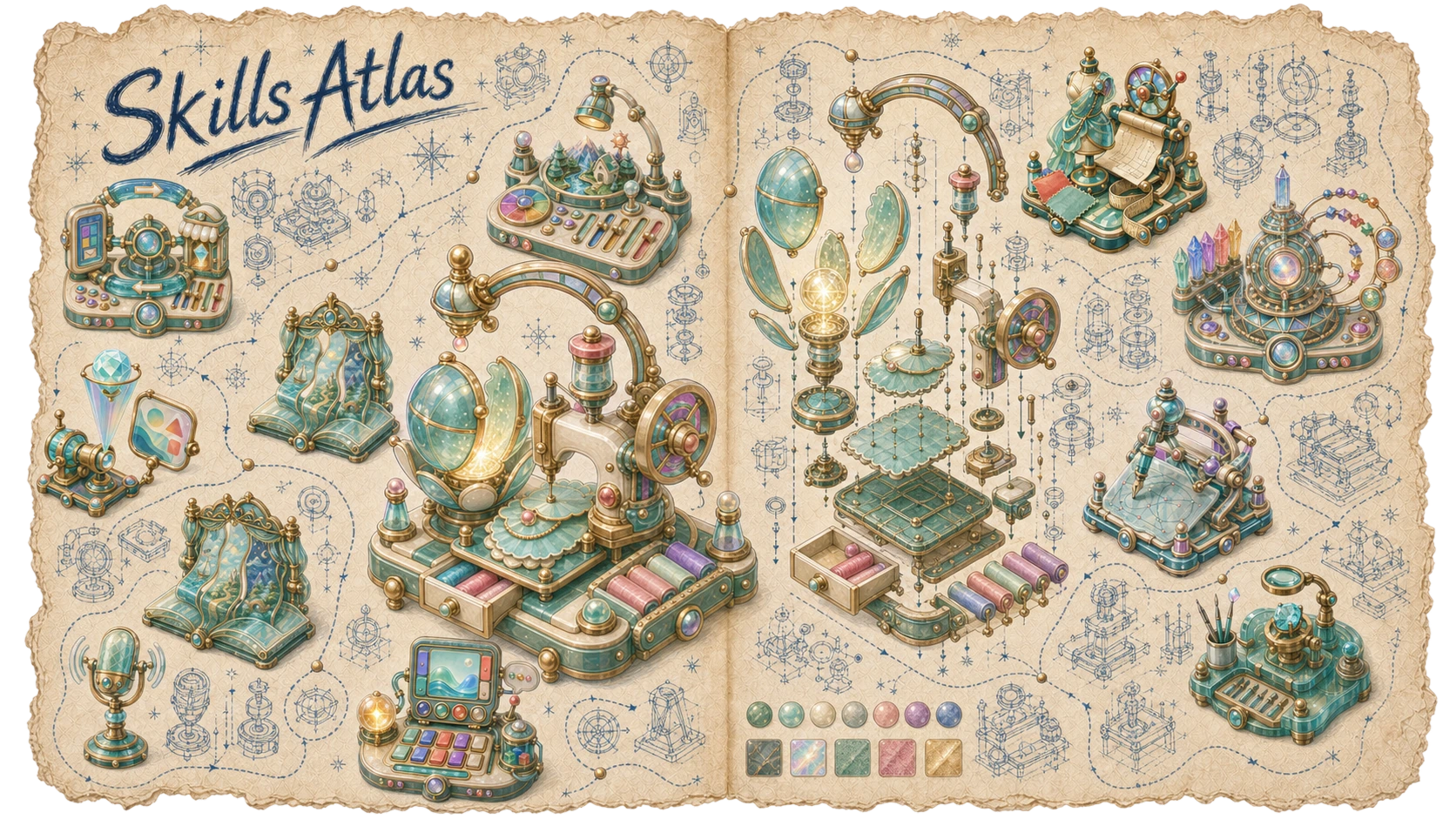 Skills Atlas sketchbook spread mapping magical design tools and their construction studies