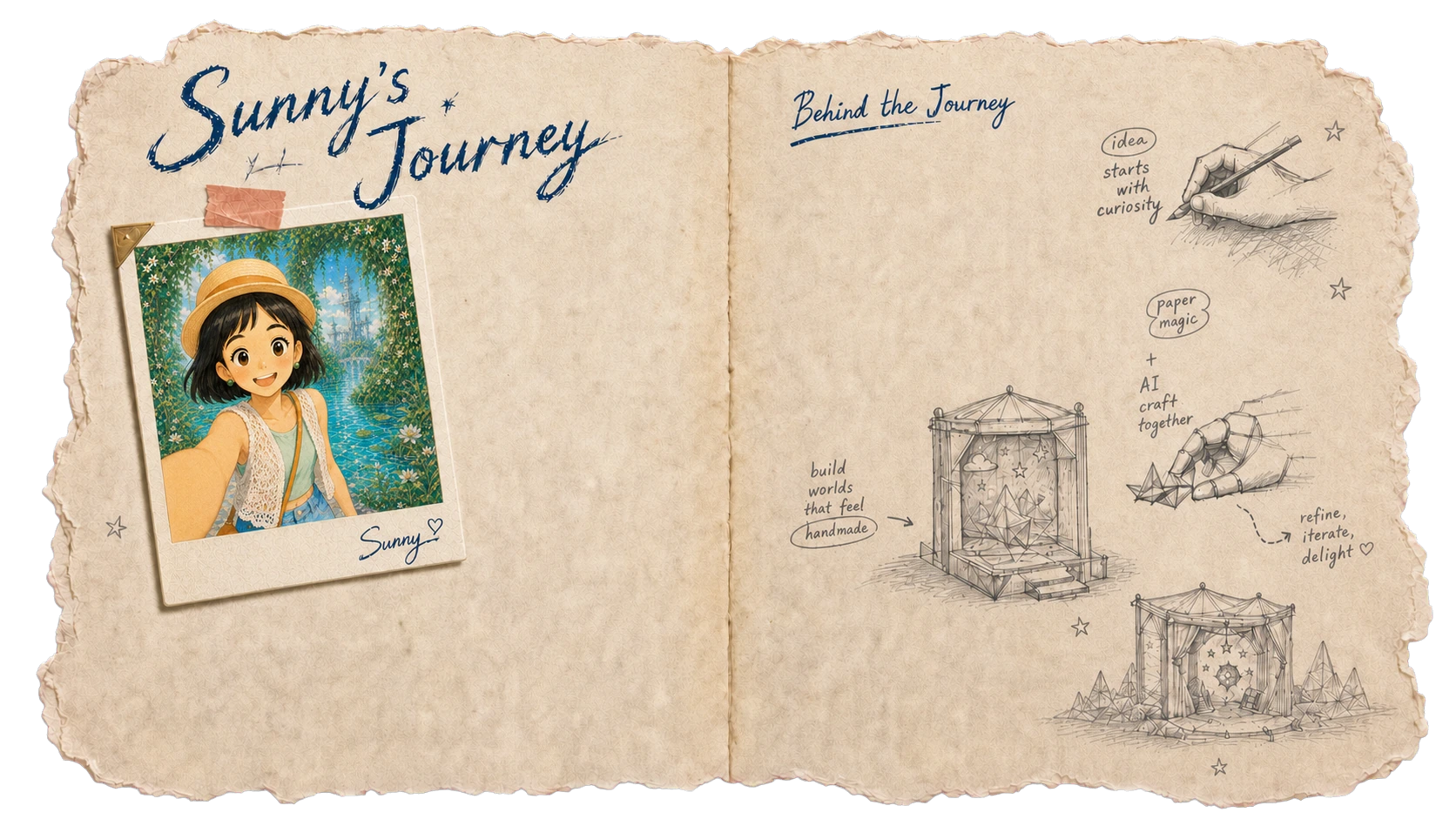 Sunny's Journey title, Sunny's Polaroid and behind-the-scenes pencil sketches