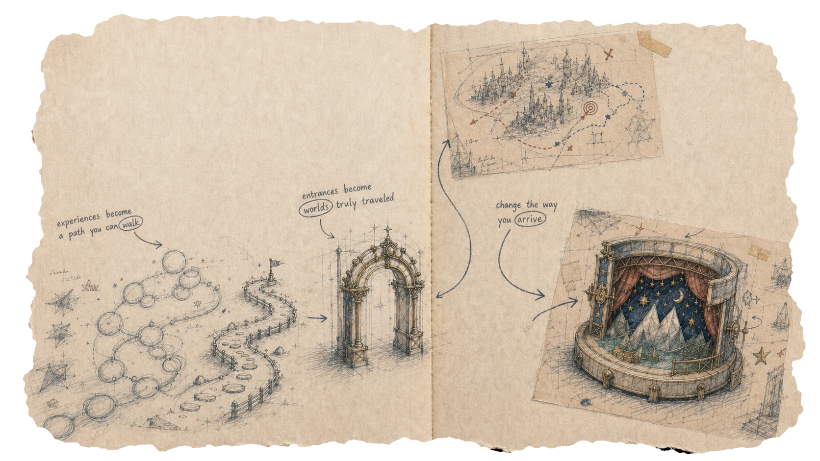 Hand-drawn route showing experiences becoming a walkable world and immersive paper theatre