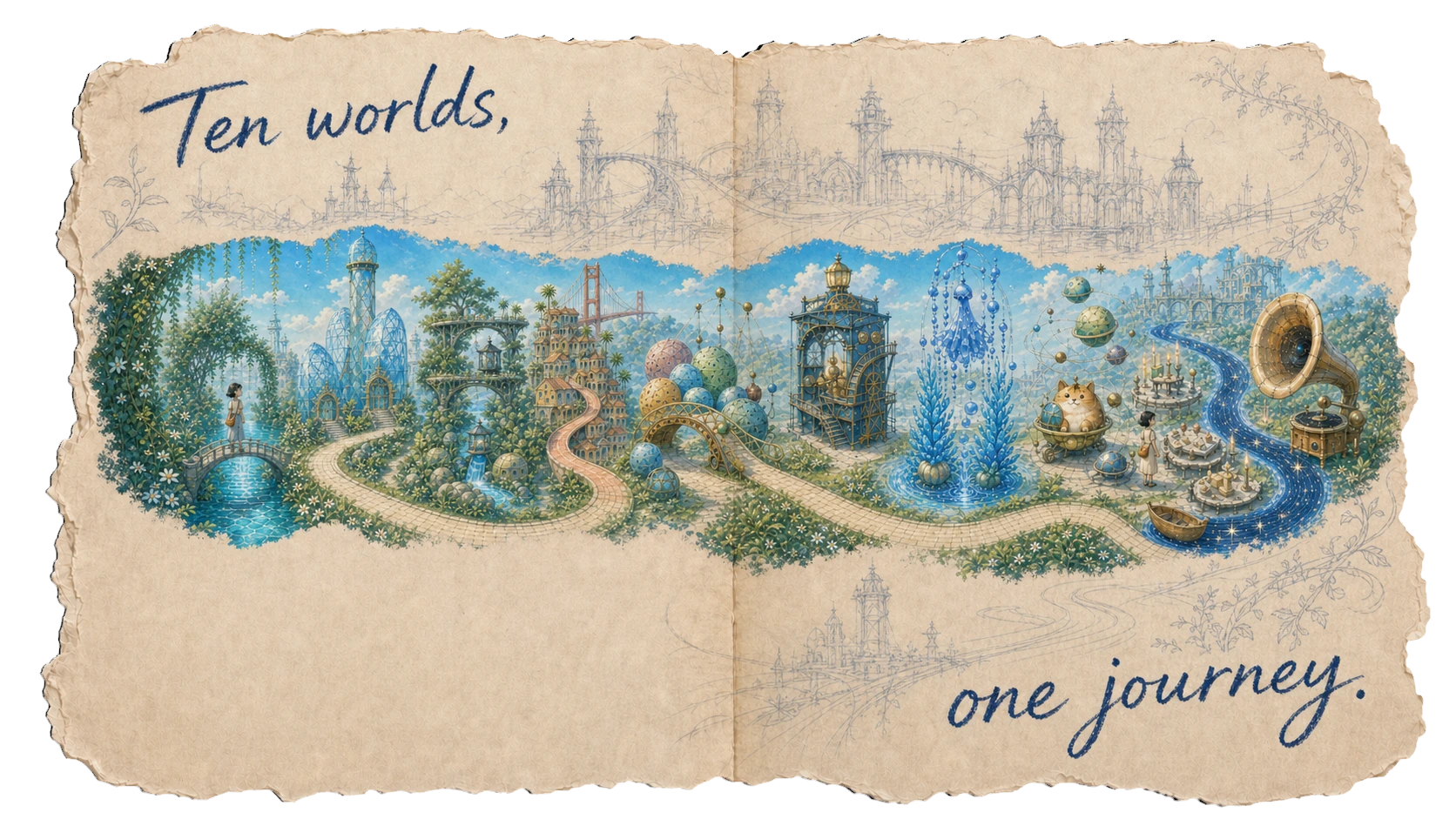 Ten hand-drawn worlds connected as one continuous journey