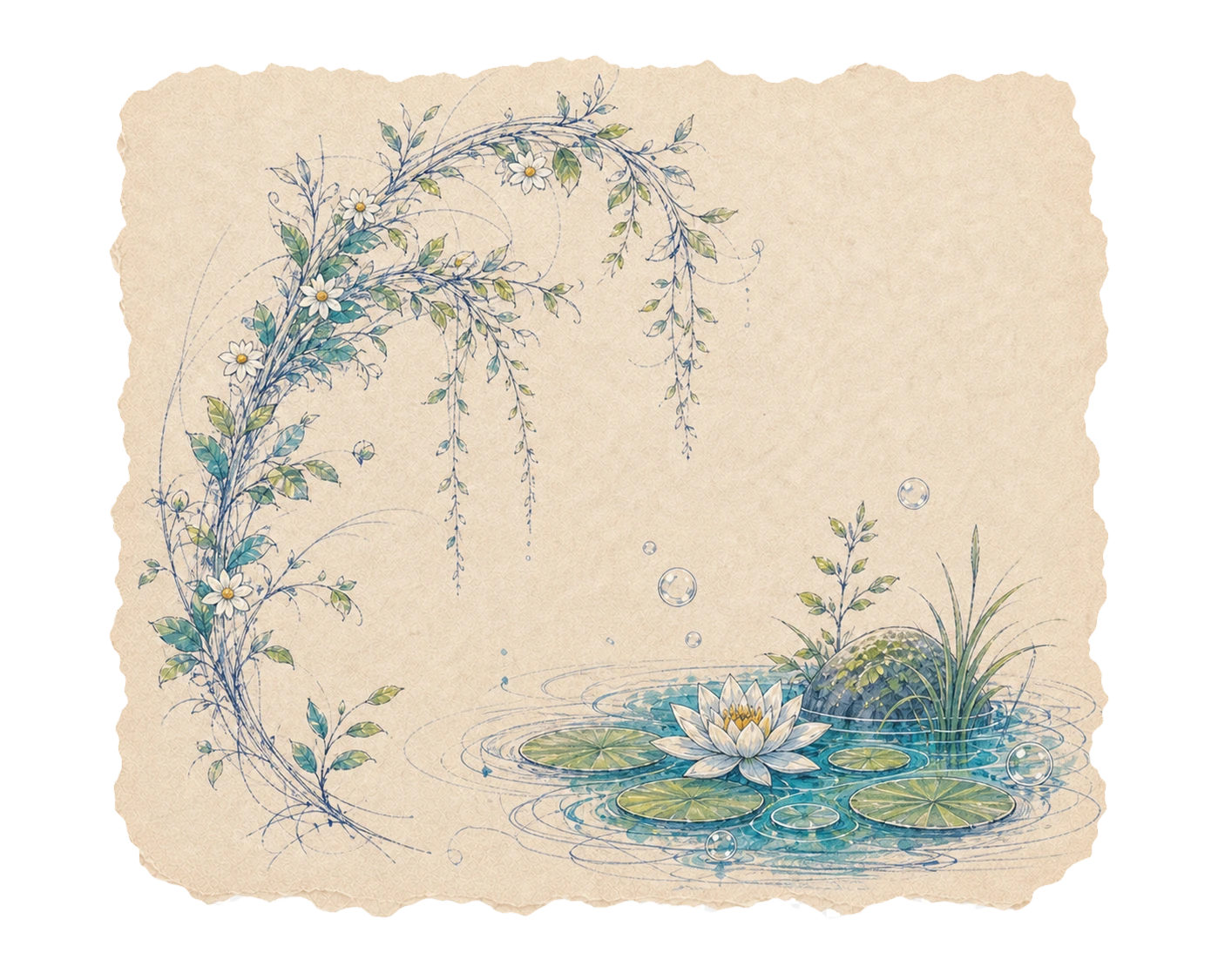 Vines, water lilies and bubbles study