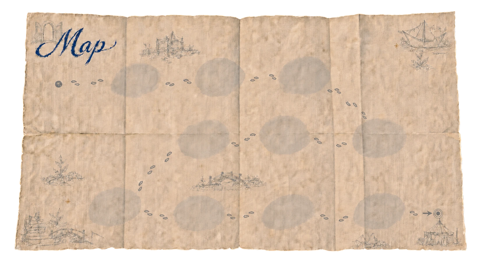 A folded manuscript map with ten softly stained journey stops